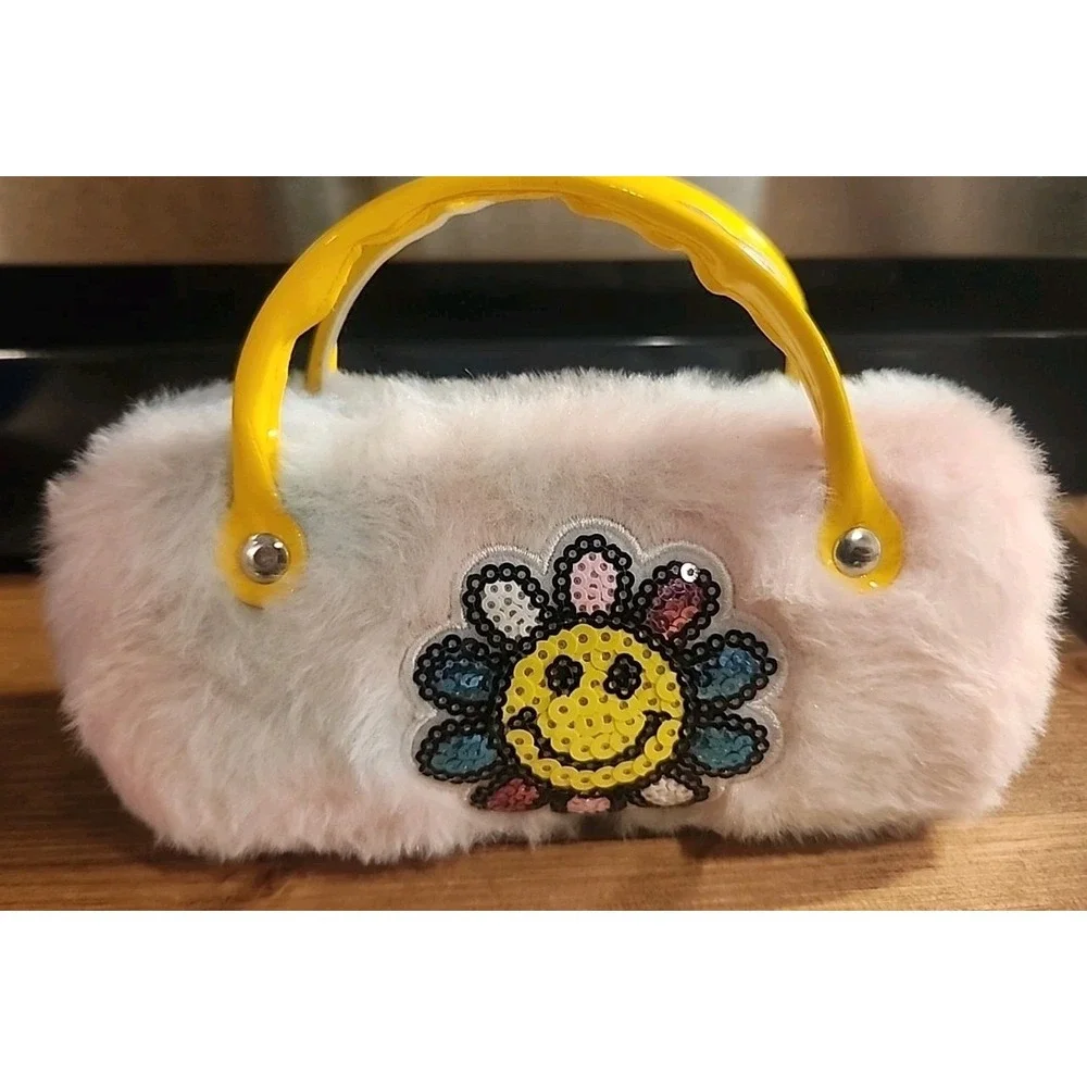 Girls Embroidered‎ Happy Face Faux Fur Sunglasses Case W/retro Sunglasses